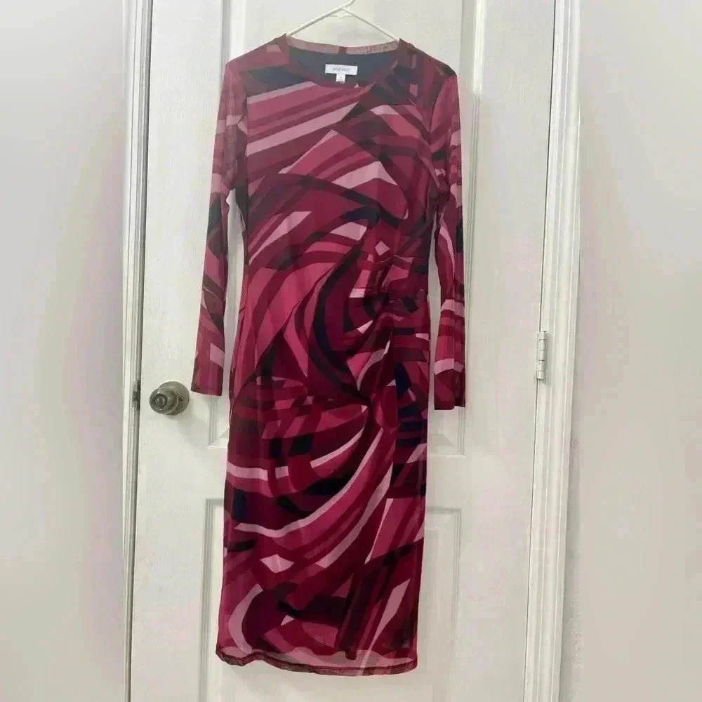 Nine West Women's Long Sleeve Ruched Side Printed Dress (Size M)